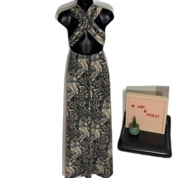 SAVANNAH STUDIO Halter Wrap Cut Out Maxi Dress Black Green Size Small - Picture 5 of 9